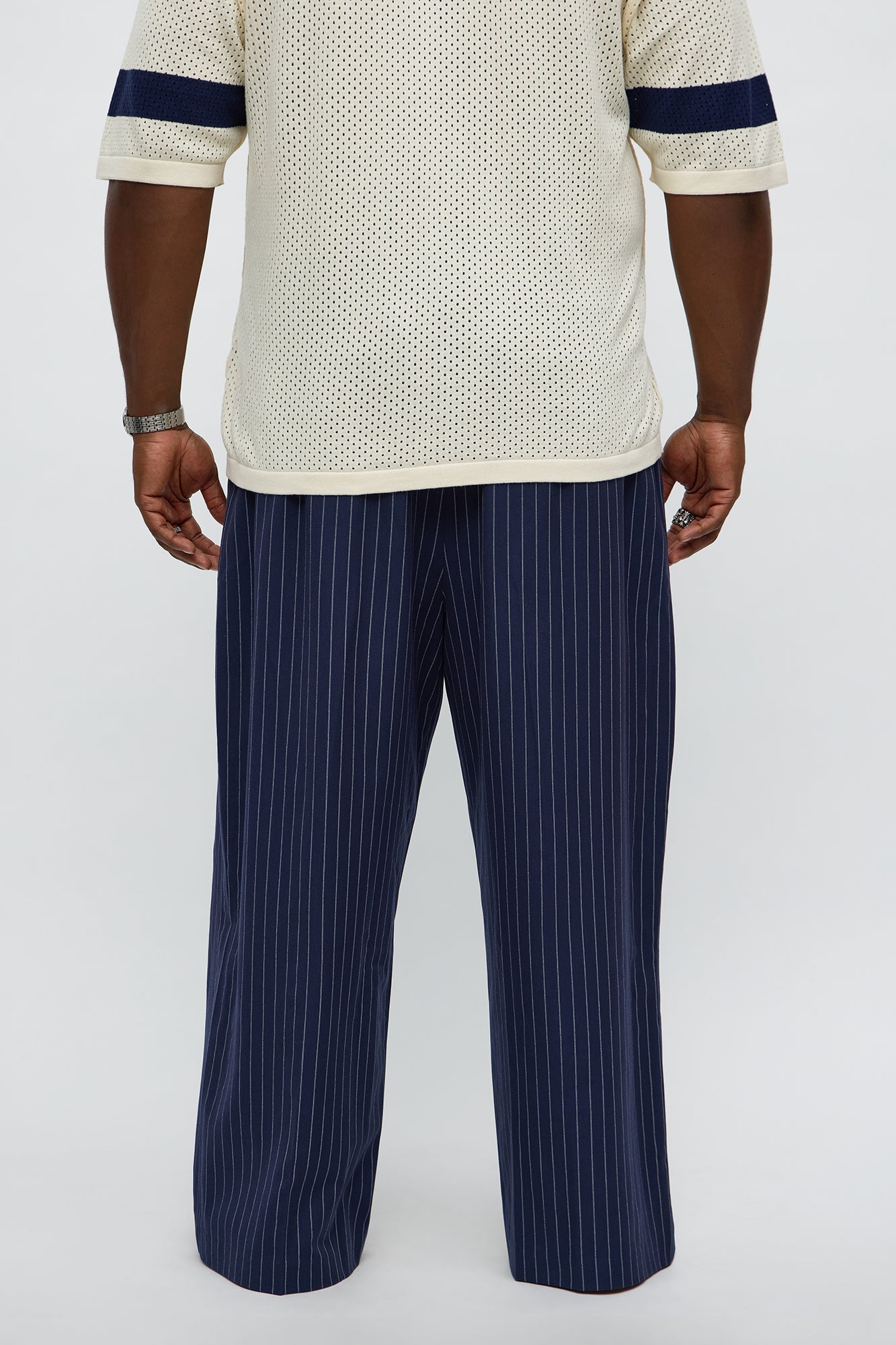 Wide Leg Straight Striped Trouser - Navy