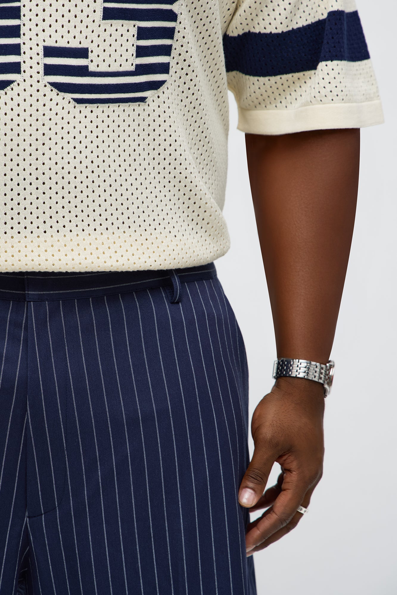 Wide Leg Straight Striped Trouser - Navy