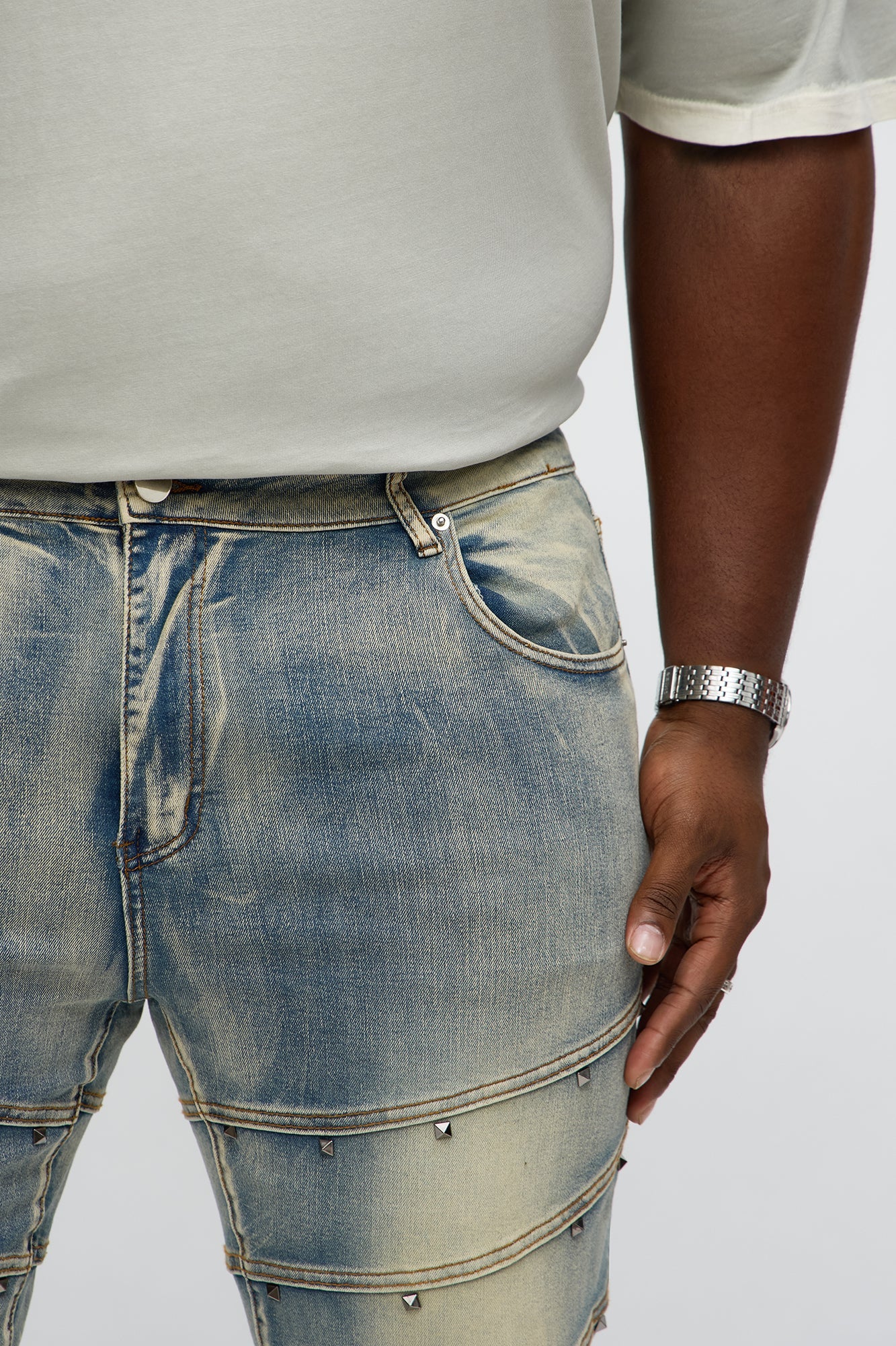 Stacked Skinny Flare Studded On Panels Jean - Vintage Blue Wash