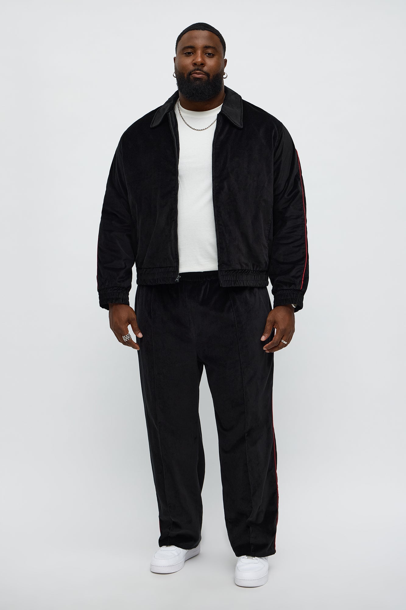 Cropped Around The Track Faux Velour Piped Zip Jacket - Black