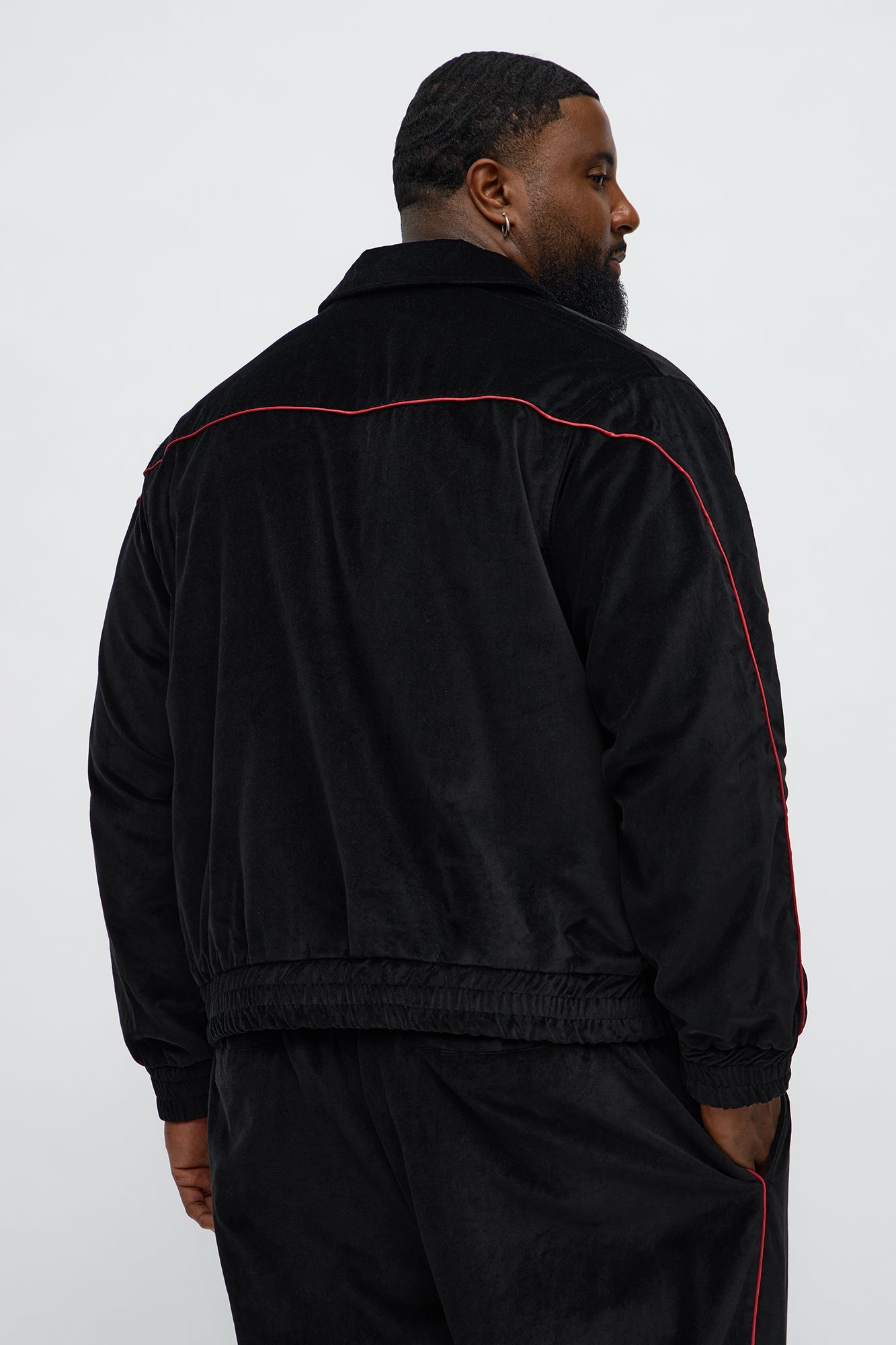 Cropped Around The Track Faux Velour Piped Zip Jacket - Black