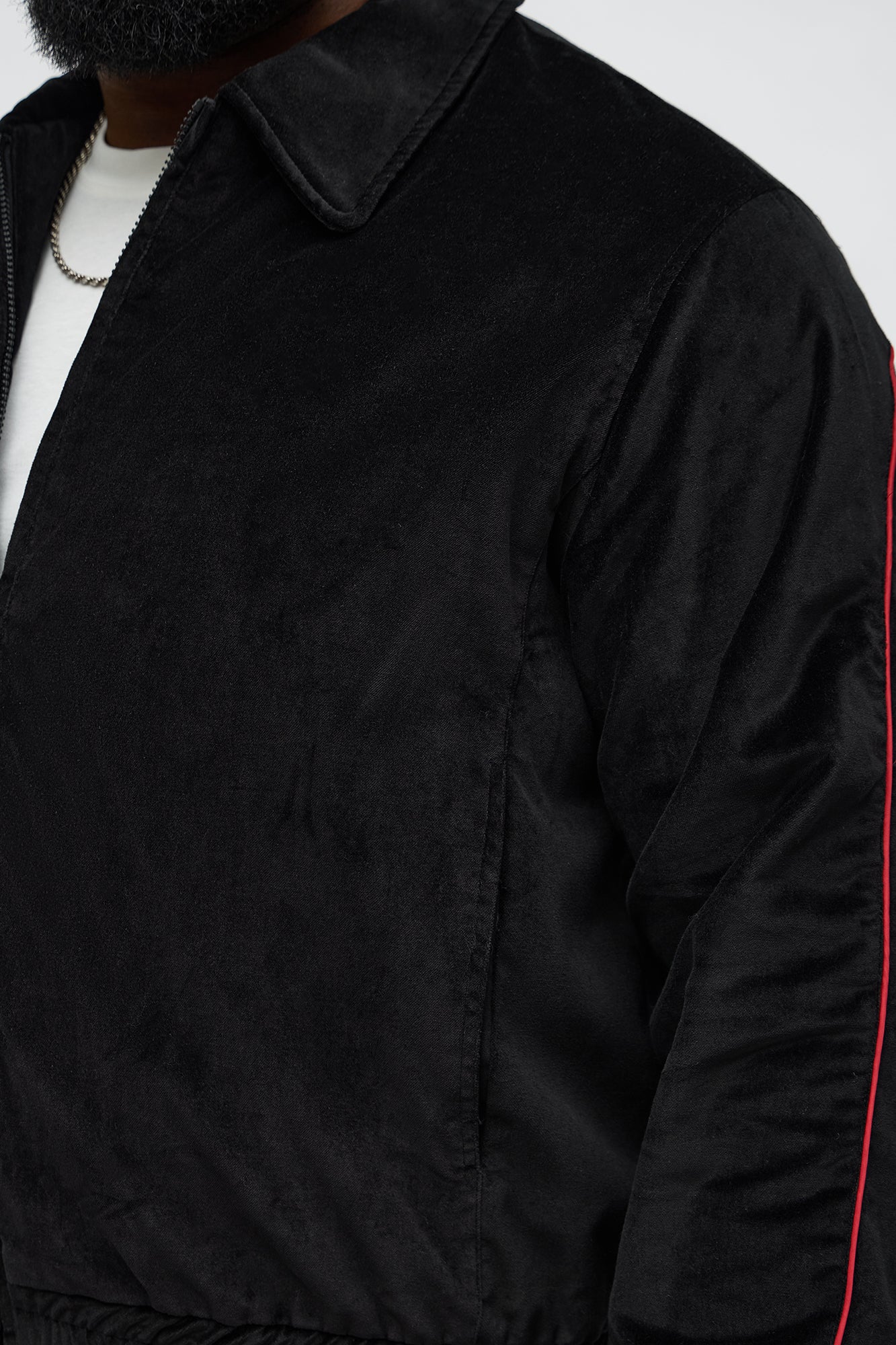 Cropped Around The Track Faux Velour Piped Zip Jacket - Black