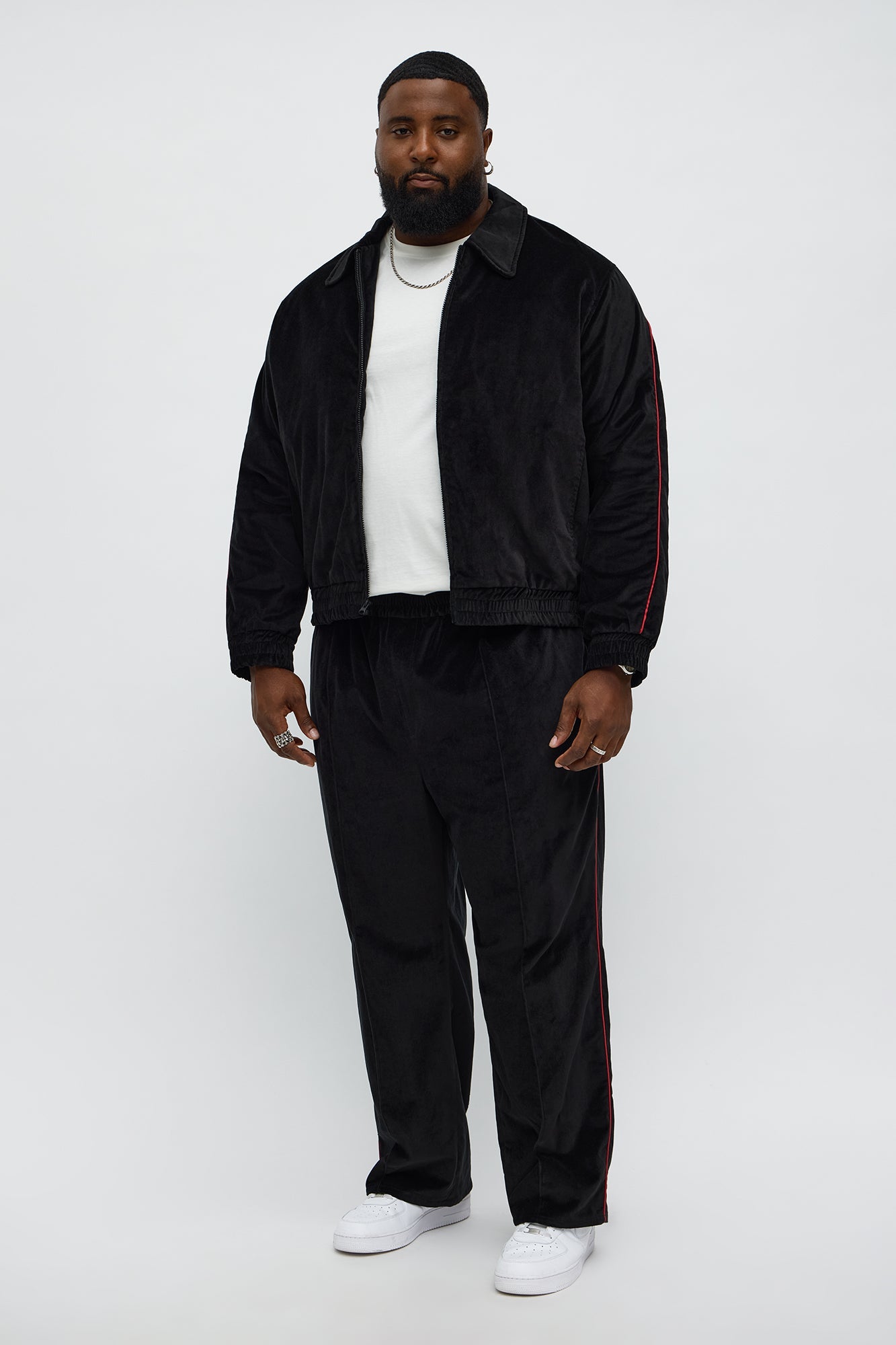 Straight Around The Track Faux Velour Piped Pant - Black