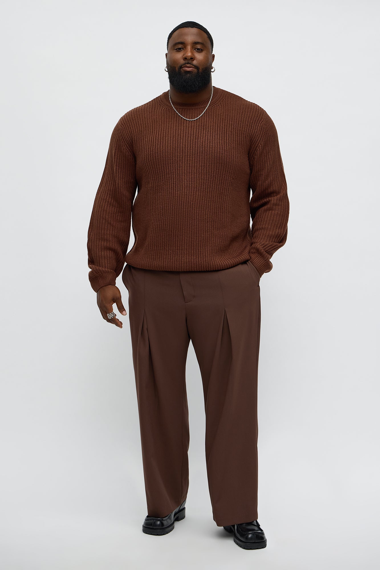 Heavy Ribbed Pullover Sweater - Brown