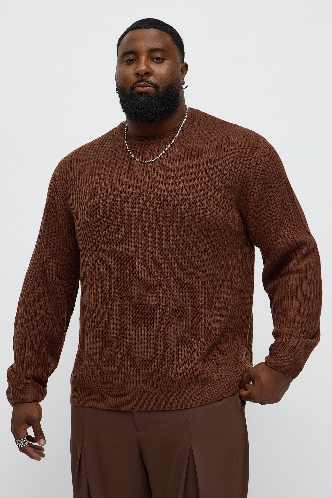 Heavy Ribbed Pullover Sweater - Brown