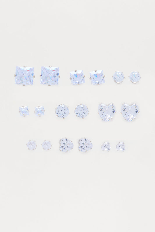 The Classic 9 Pair Rhinestone Stud Earrings - Silver