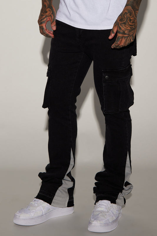 Carried Cargo Stacked Skinny Flared Jeans - Black
