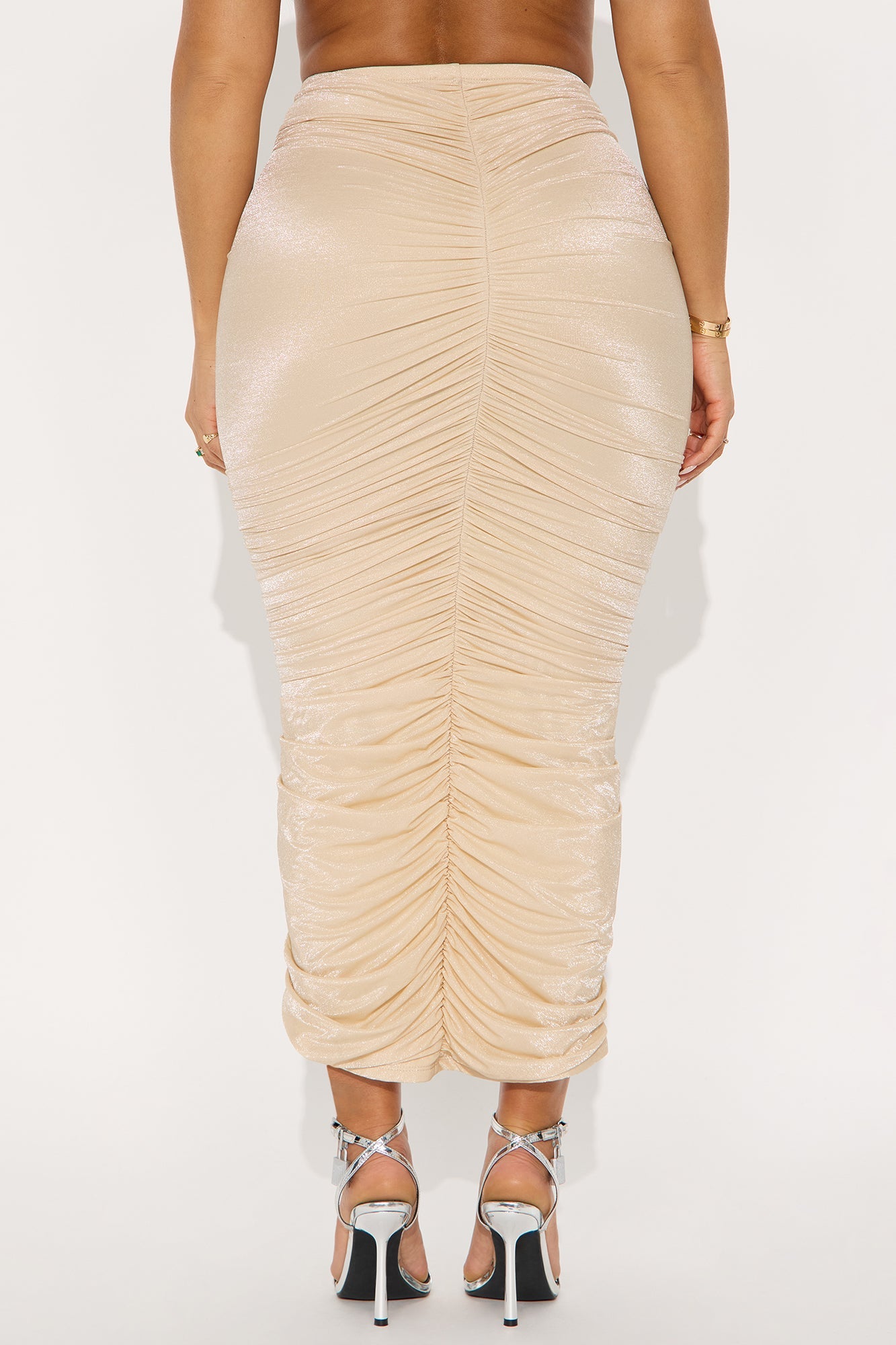 My Time To Shine Ruched Shimmer Midi Skirt - Champagne