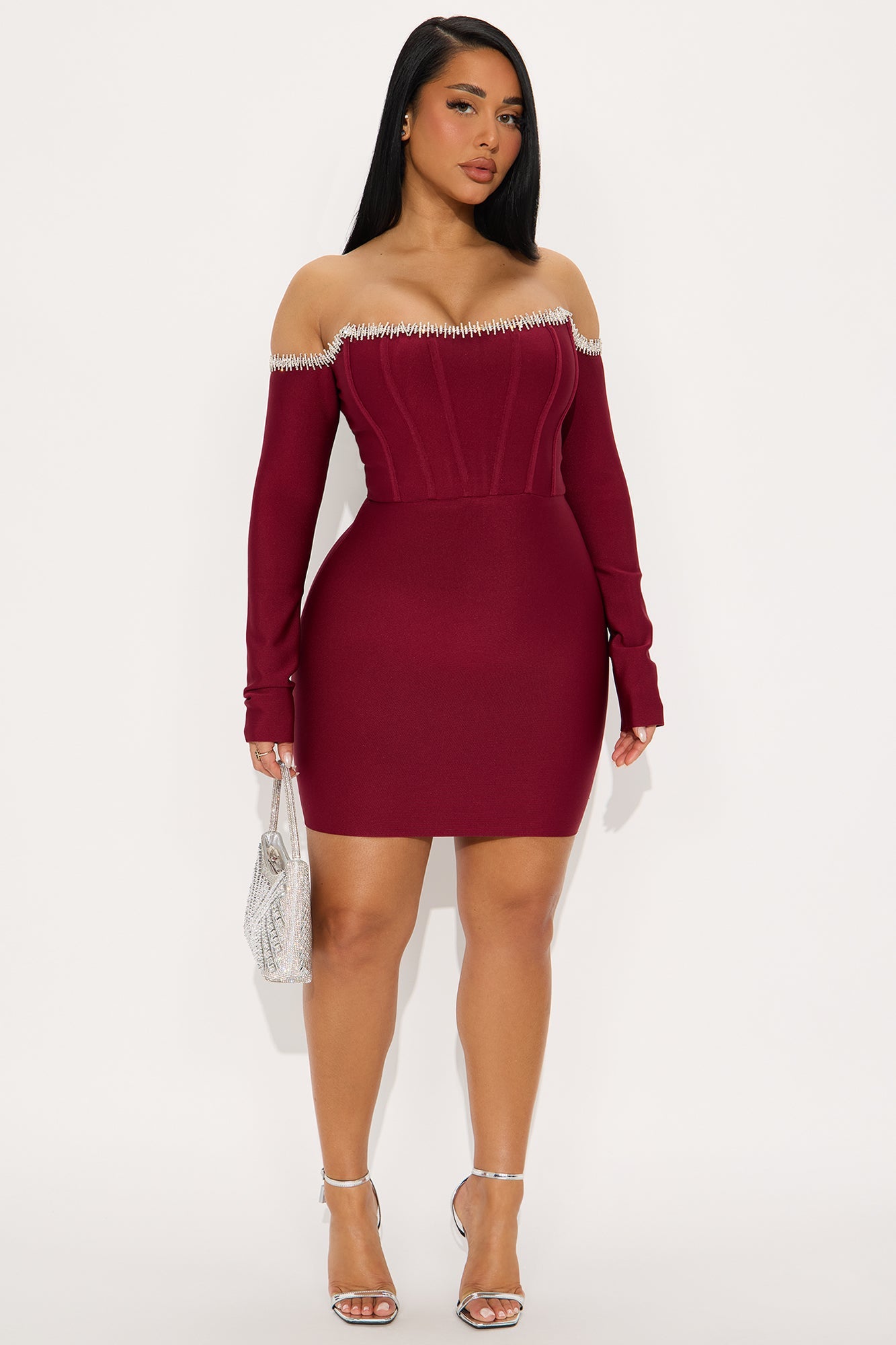 Regina Rhinestone Trim Bandage Mini Dress - Wine