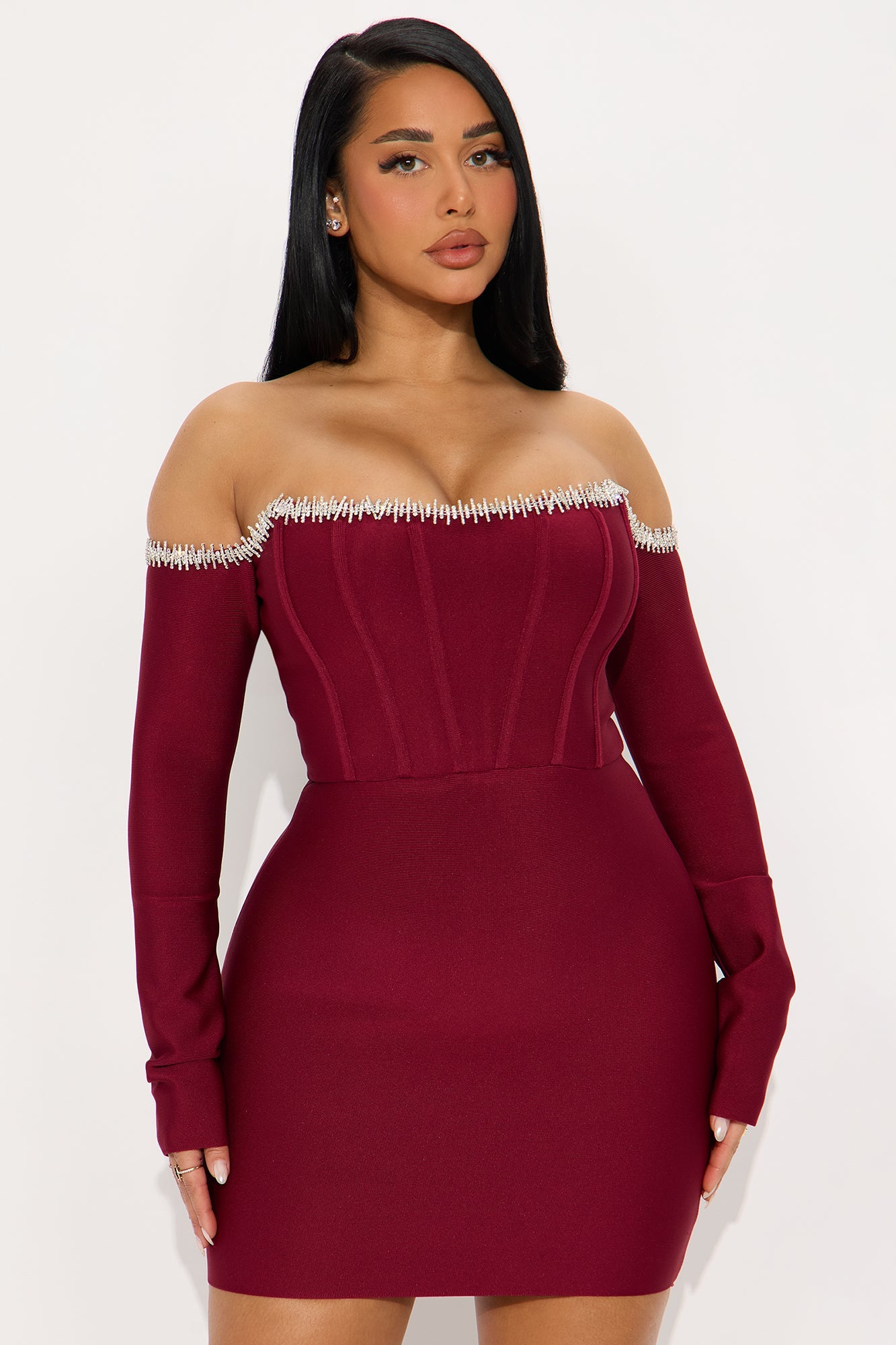 Regina Rhinestone Trim Bandage Mini Dress - Wine