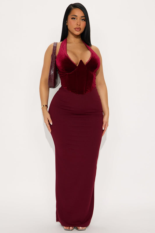 Don't Chase Lace Trim Velvet Corset - Burgundy