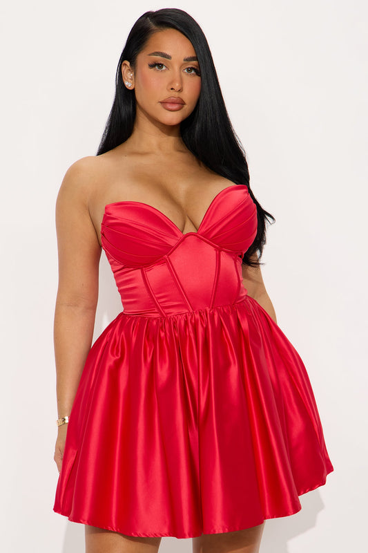 Kara Pleated Corset Satin Mini Dress - Red