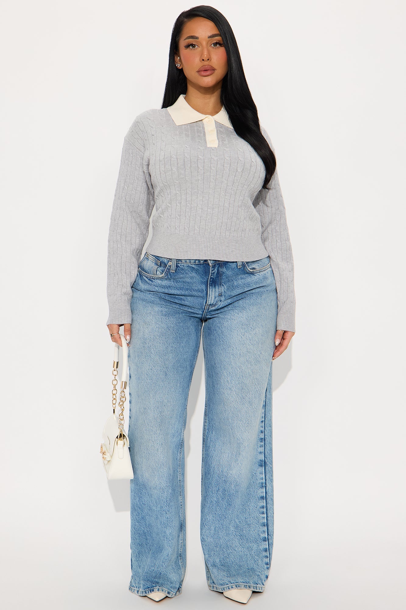 From The Start Cable Knit Polo Sweater - Heather Grey