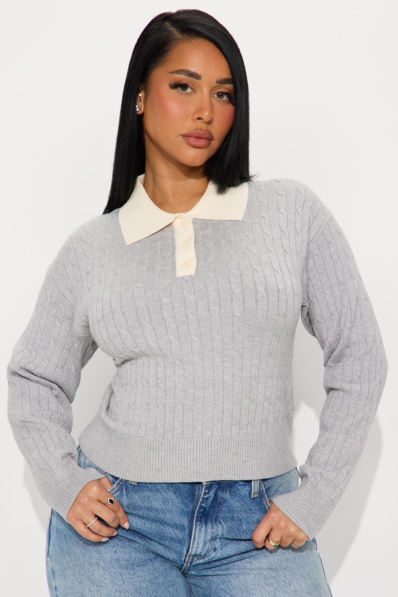From The Start Cable Knit Polo Sweater - Heather Grey