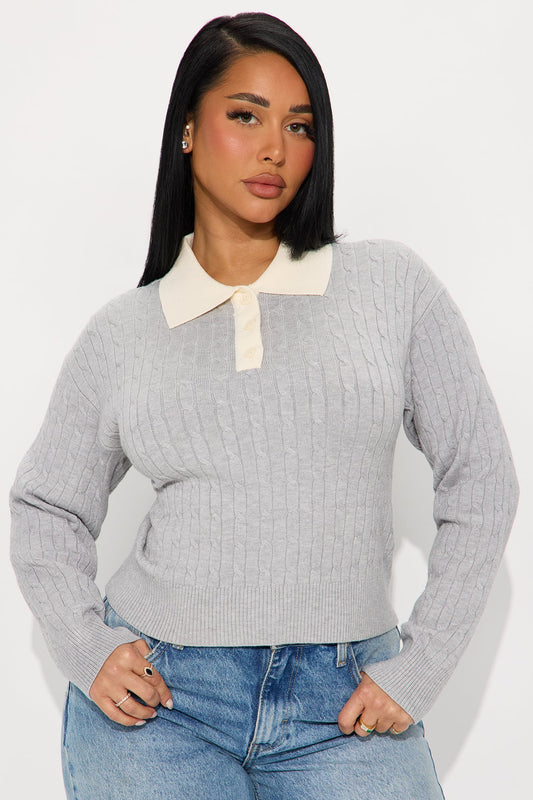 From The Start Cable Knit Polo Sweater - Heather Grey