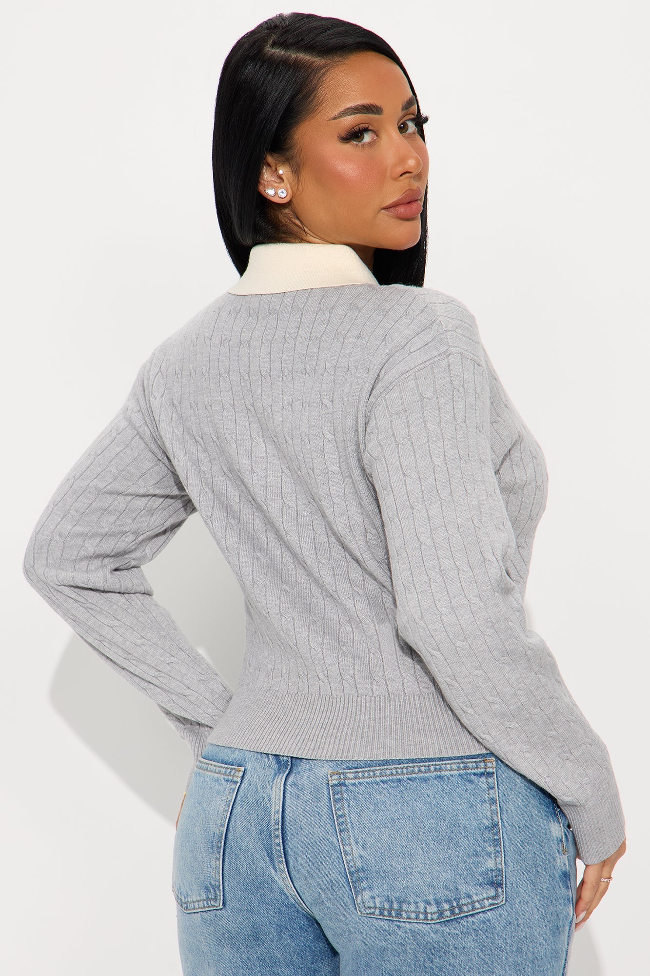 From The Start Cable Knit Polo Sweater - Heather Grey
