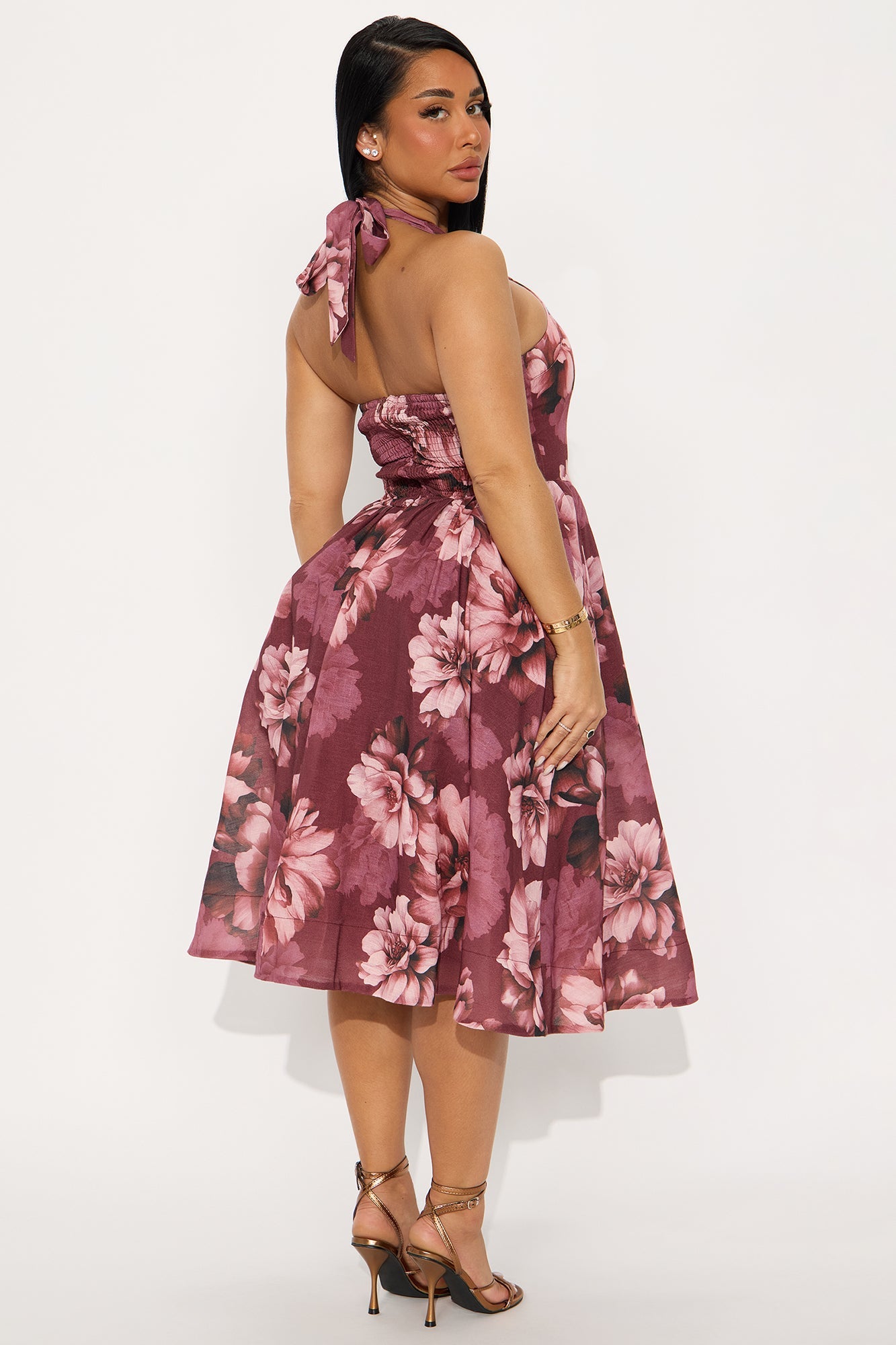 High Society Floral Linen Midi Dress - Burgundy