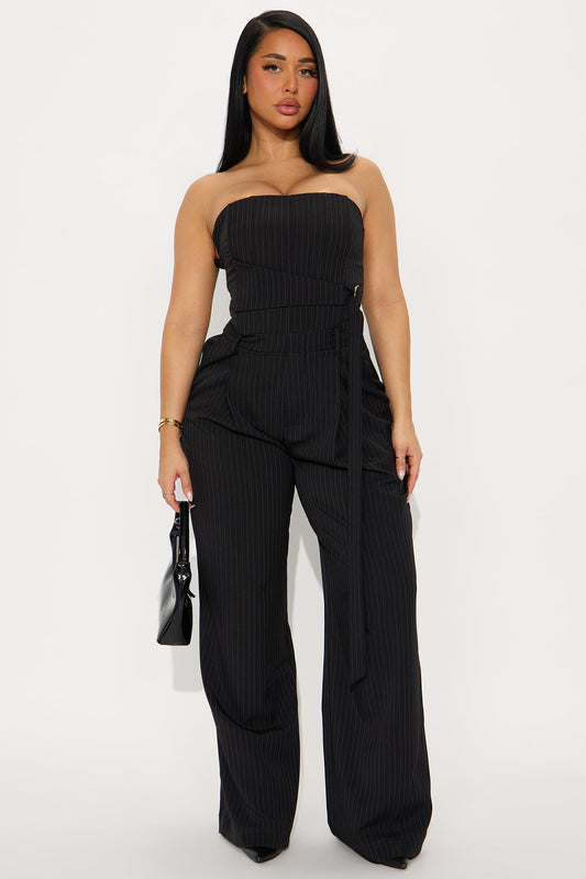 Late For Work Pinstripe Jumpsuit - Black/combo