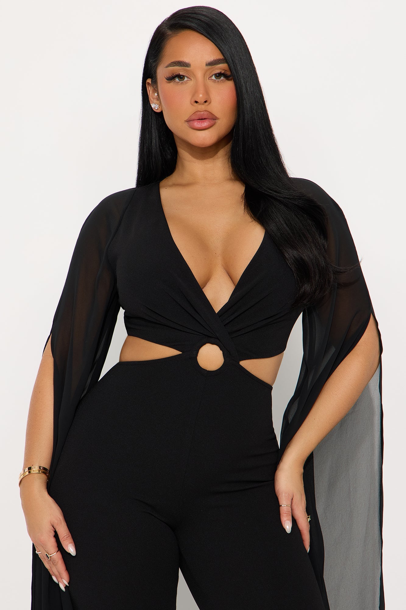 Gemma Draped Mesh Jumpsuit - Black