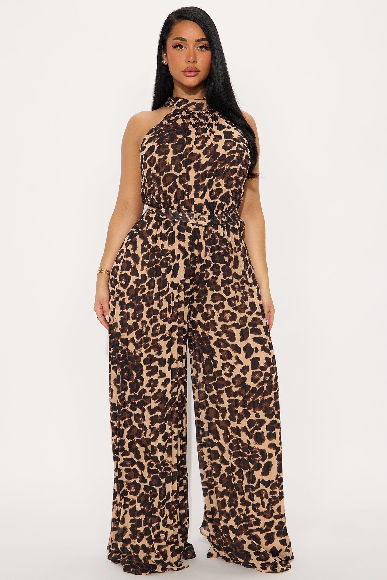 Naomi Leopard Print High Neck Jumpsuit - Brown Combo