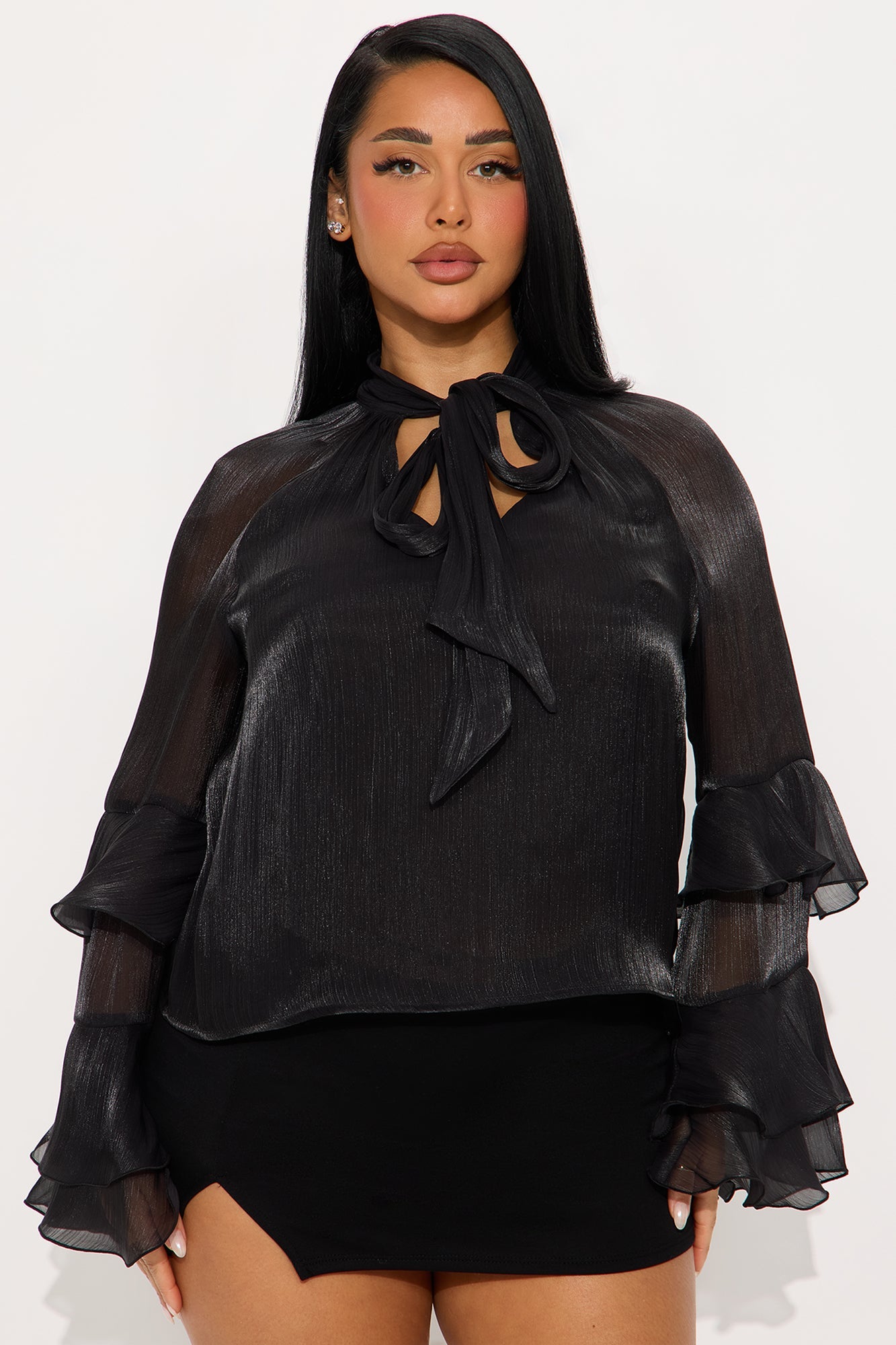 Crystal Clear Neck Tie Ruffle Chiffon Top - Black