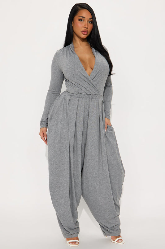 Raelynn Balloon Leg Long Sleeve Jumpsuit - Heather Grey