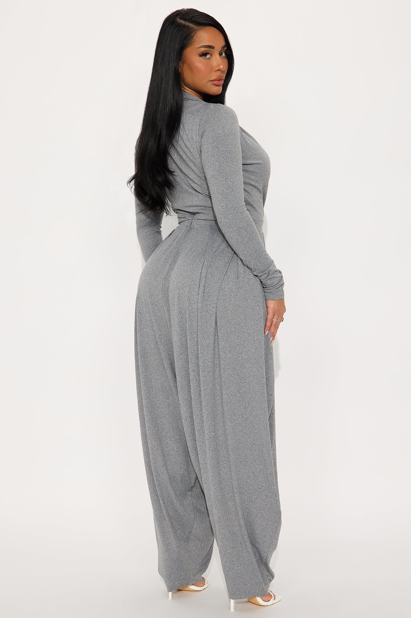 Raelynn Balloon Leg Long Sleeve Jumpsuit - Heather Grey