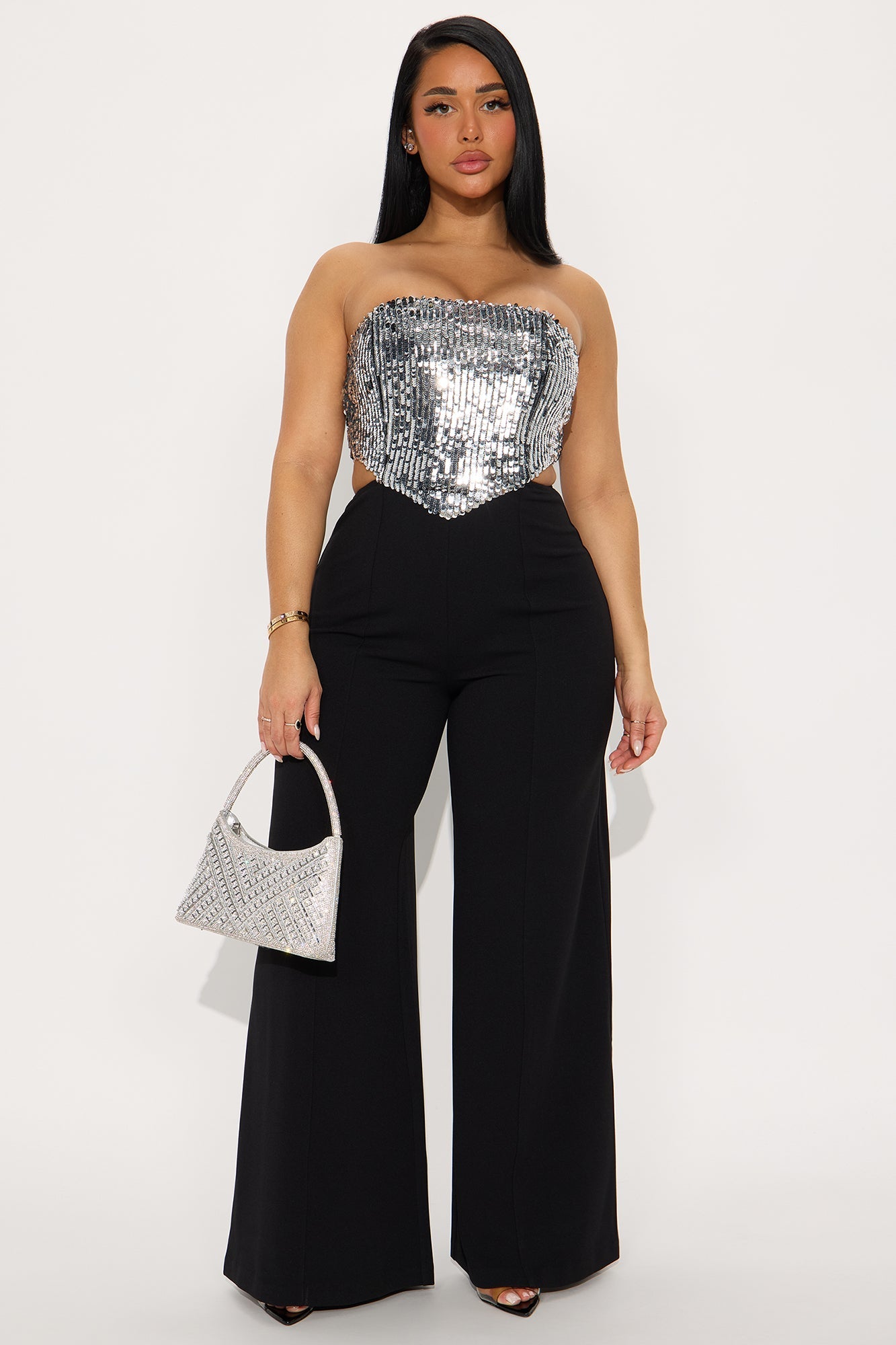 Cierra Sequin Strapless Jumpsuit - Silver