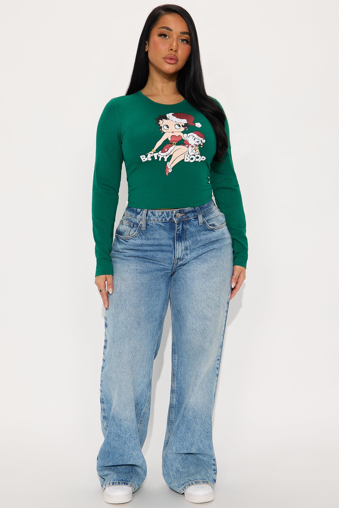 Betty Boop Holiday Glitter Long Sleeve Baby Tee - Green