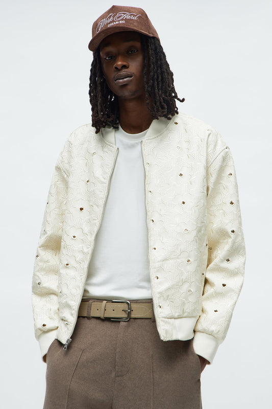 Relaxed Faux Leather Embroidered Floral Bomber Jacket - Off White