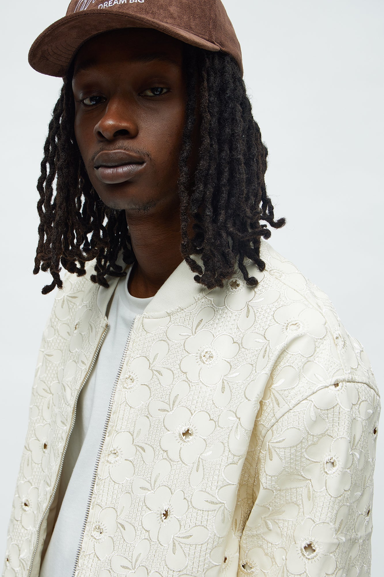 Relaxed Faux Leather Embroidered Floral Bomber Jacket - Off White