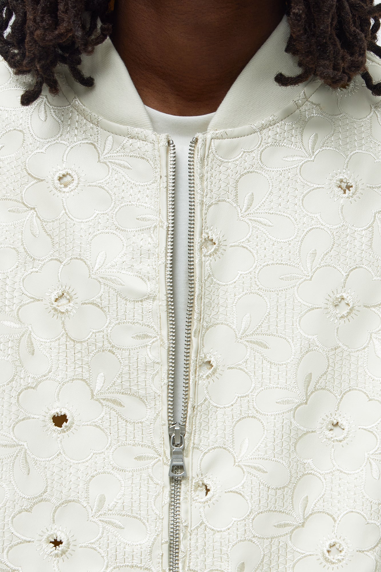 Relaxed Faux Leather Embroidered Floral Bomber Jacket - Off White