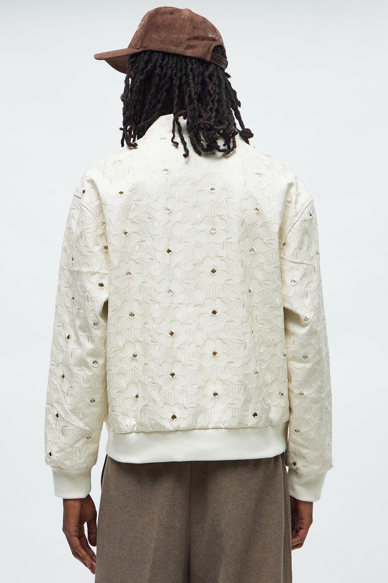Relaxed Faux Leather Embroidered Floral Bomber Jacket - Off White