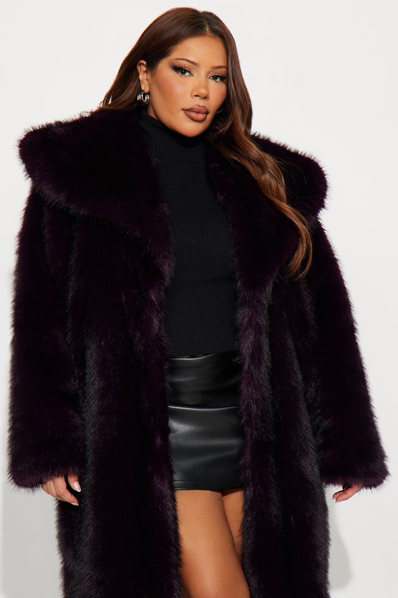 Bella Donna Two Tone Long Faux Fur Coat - Plum