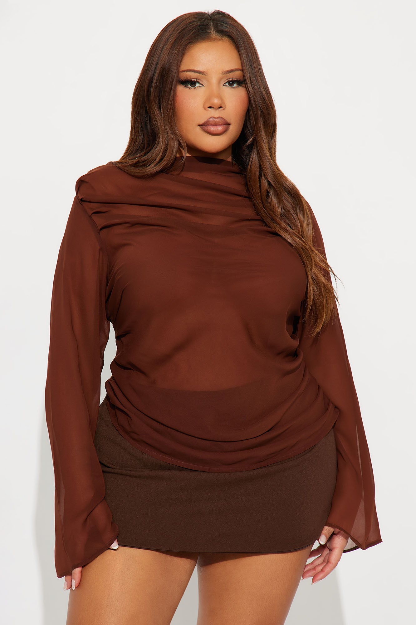 Venetian Date Ruched Sheer Chiffon Top - Brown