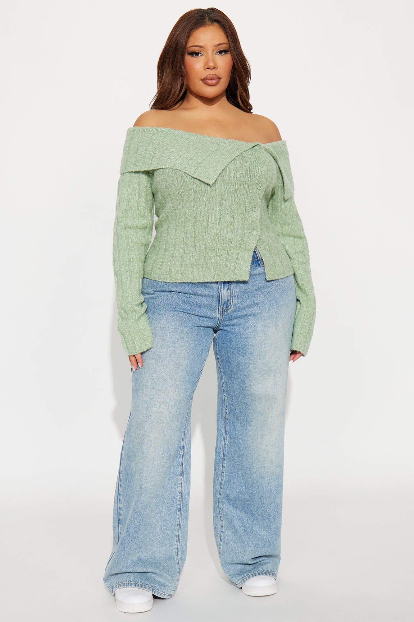Sassy Soul Off Shoulder Sweater Top - Sage