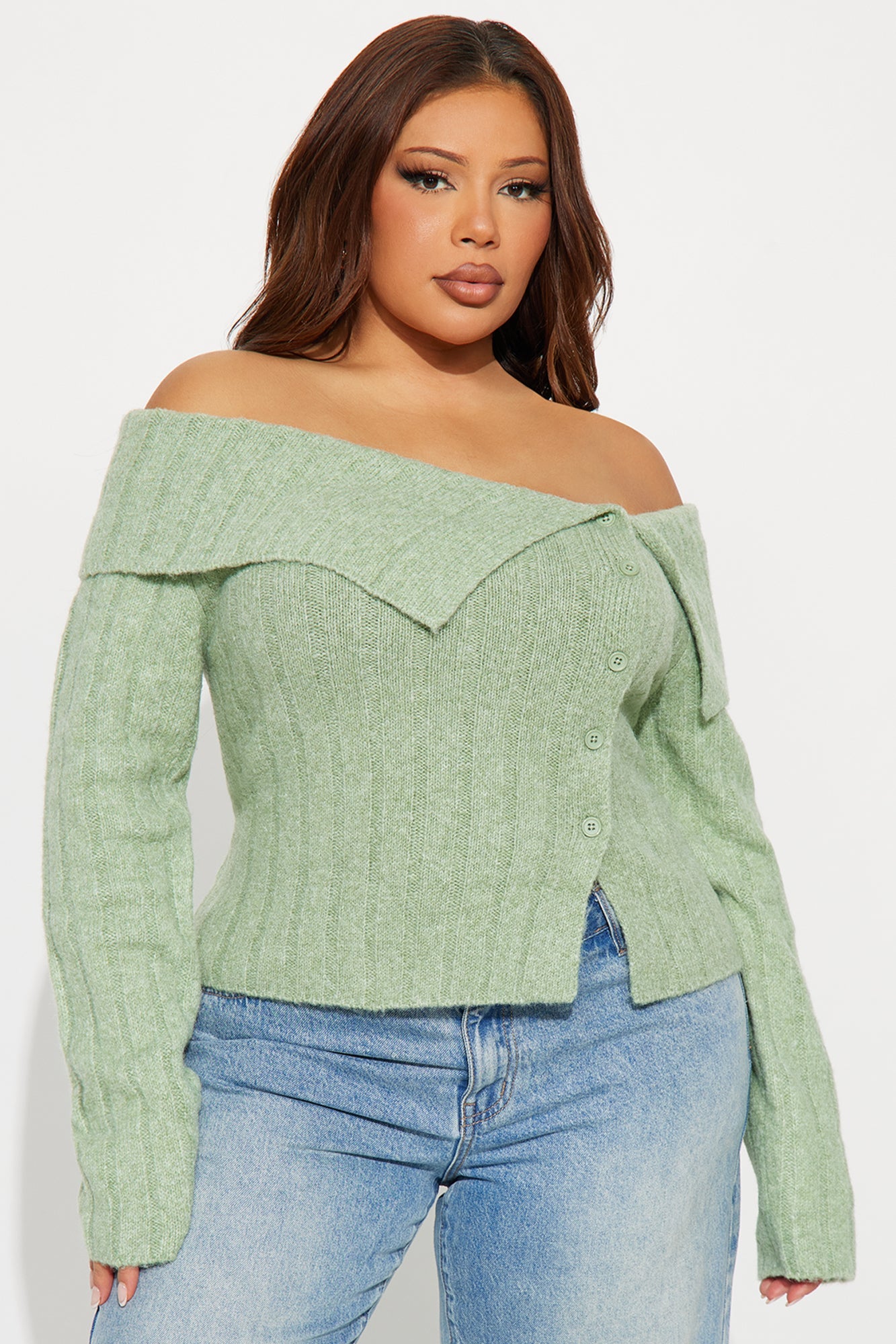 Sassy Soul Off Shoulder Sweater Top - Sage
