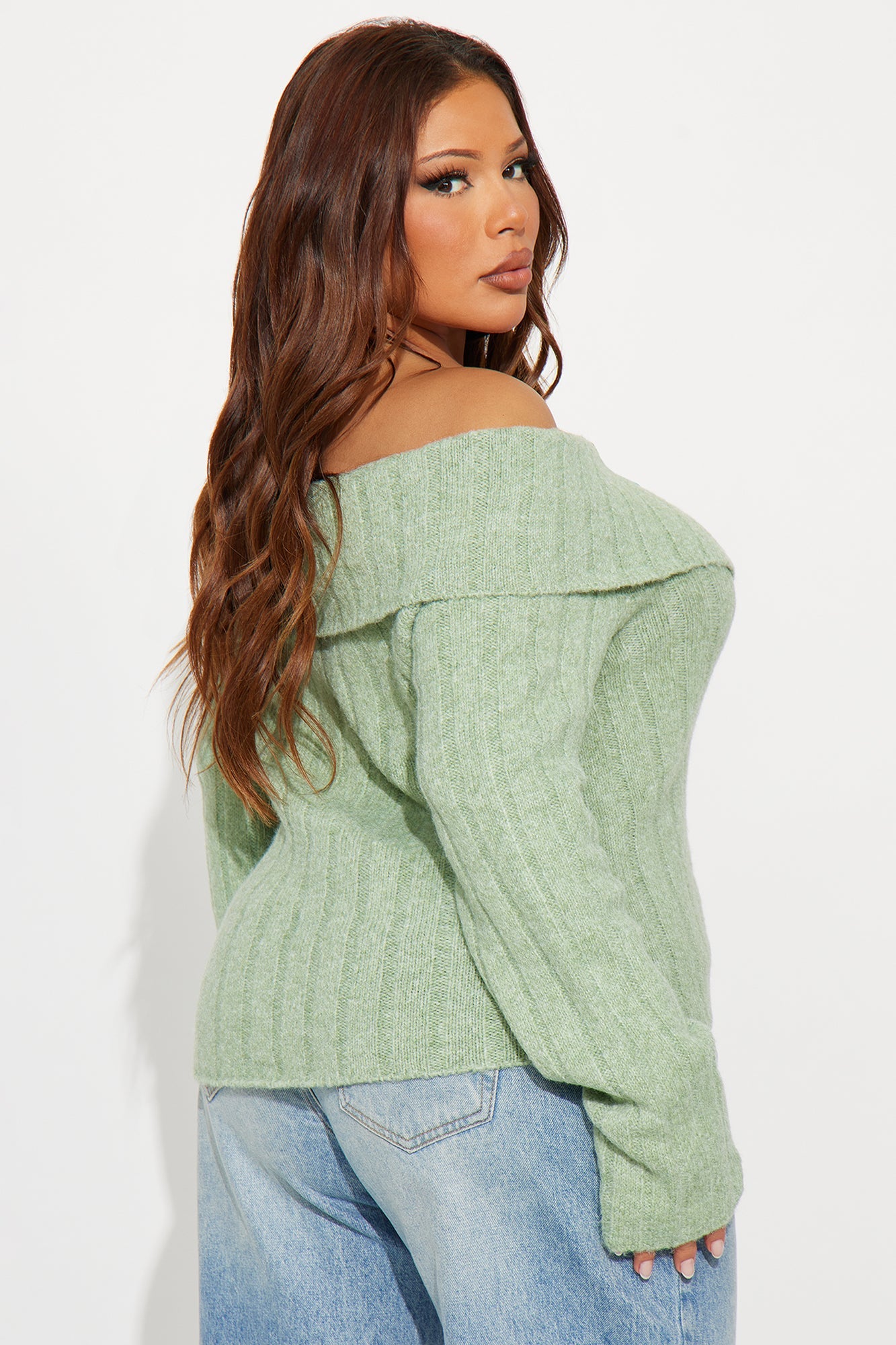 Sassy Soul Off Shoulder Sweater Top - Sage