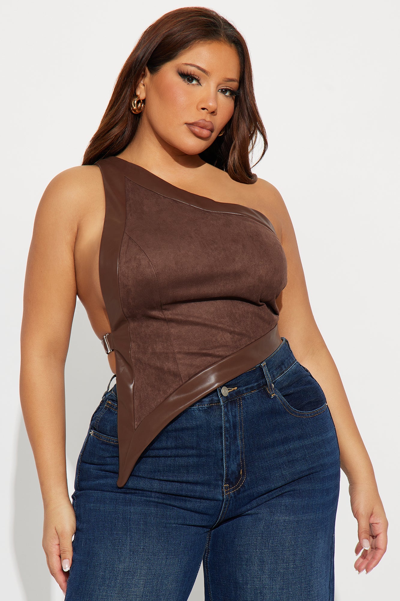 Keep It Spicy Asymmetrical Faux Suede Top - Brown
