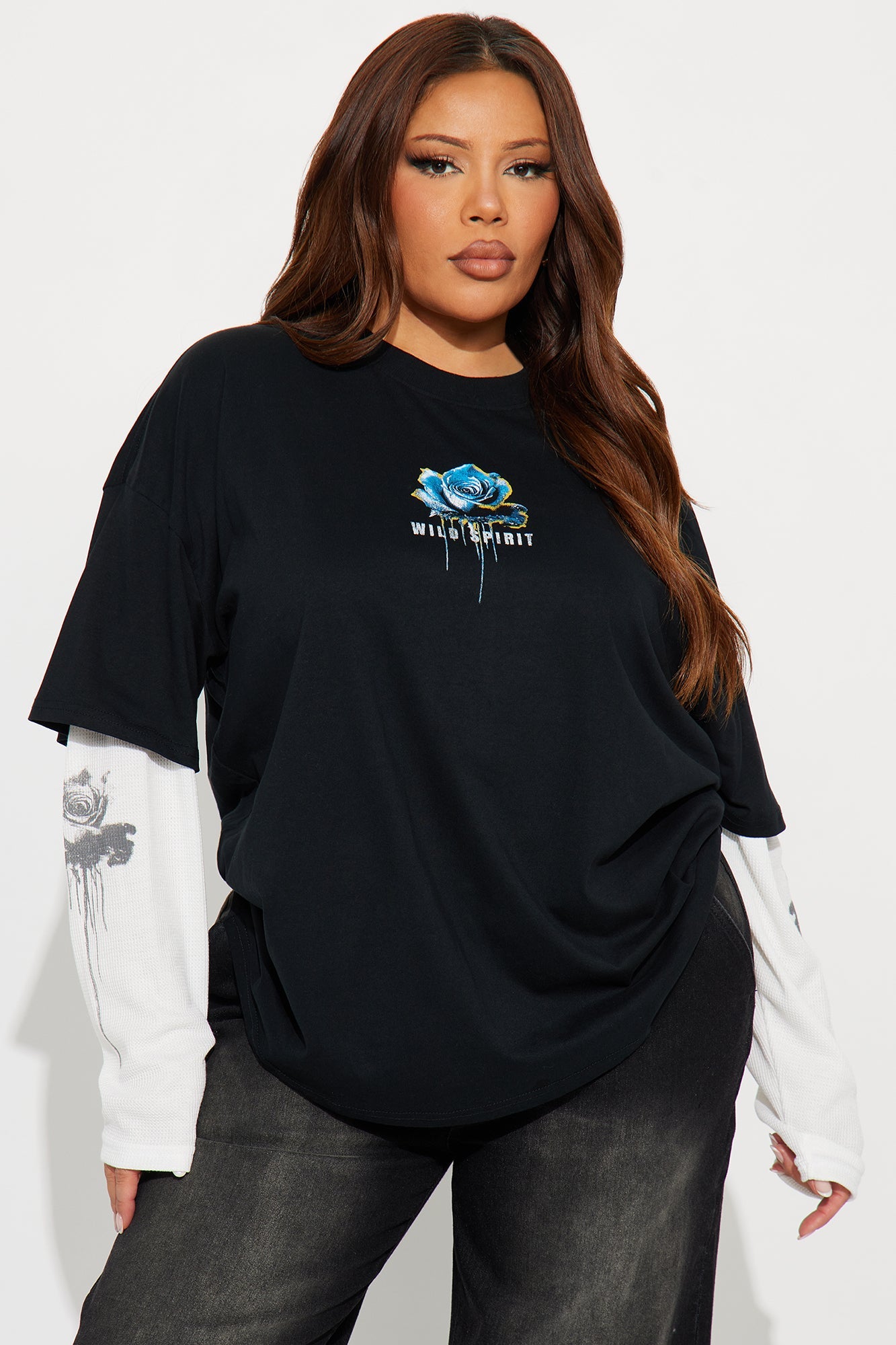 Wild Spirit Thermal Long Sleeve 2Fer Tee - Black/White