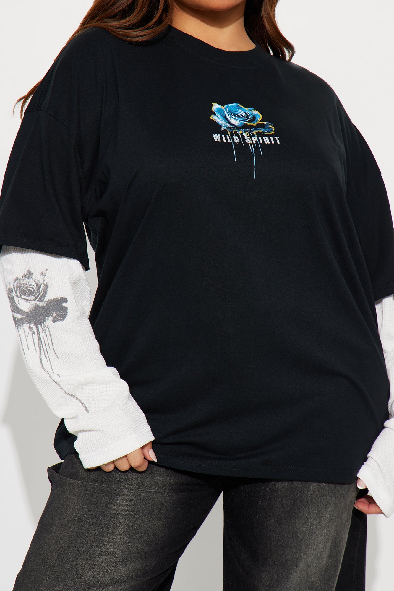 Wild Spirit Thermal Long Sleeve 2Fer Tee - Black/White