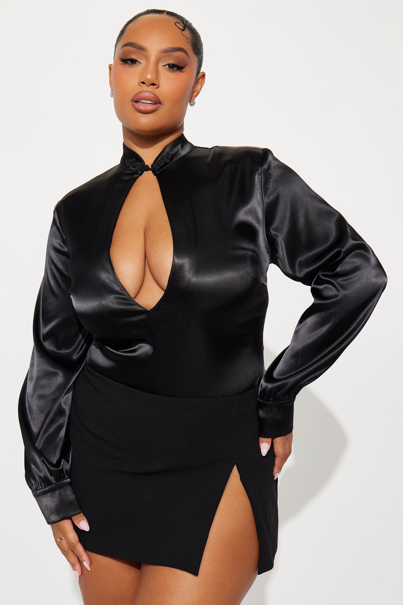 Run The Party Satin Bodysuit - Black