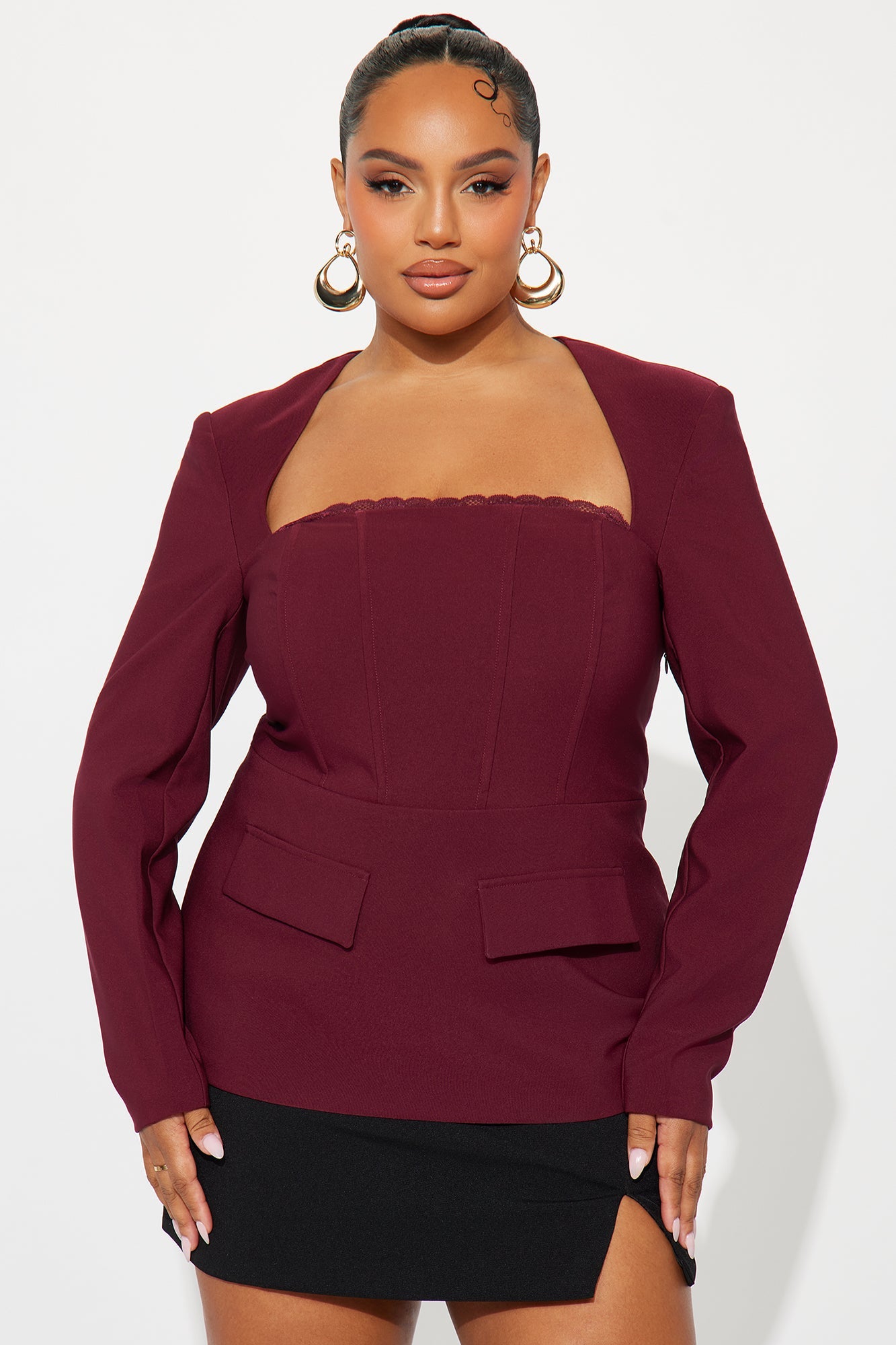 My Own Lane Shoulder Pads Lace Up Top - Burgundy