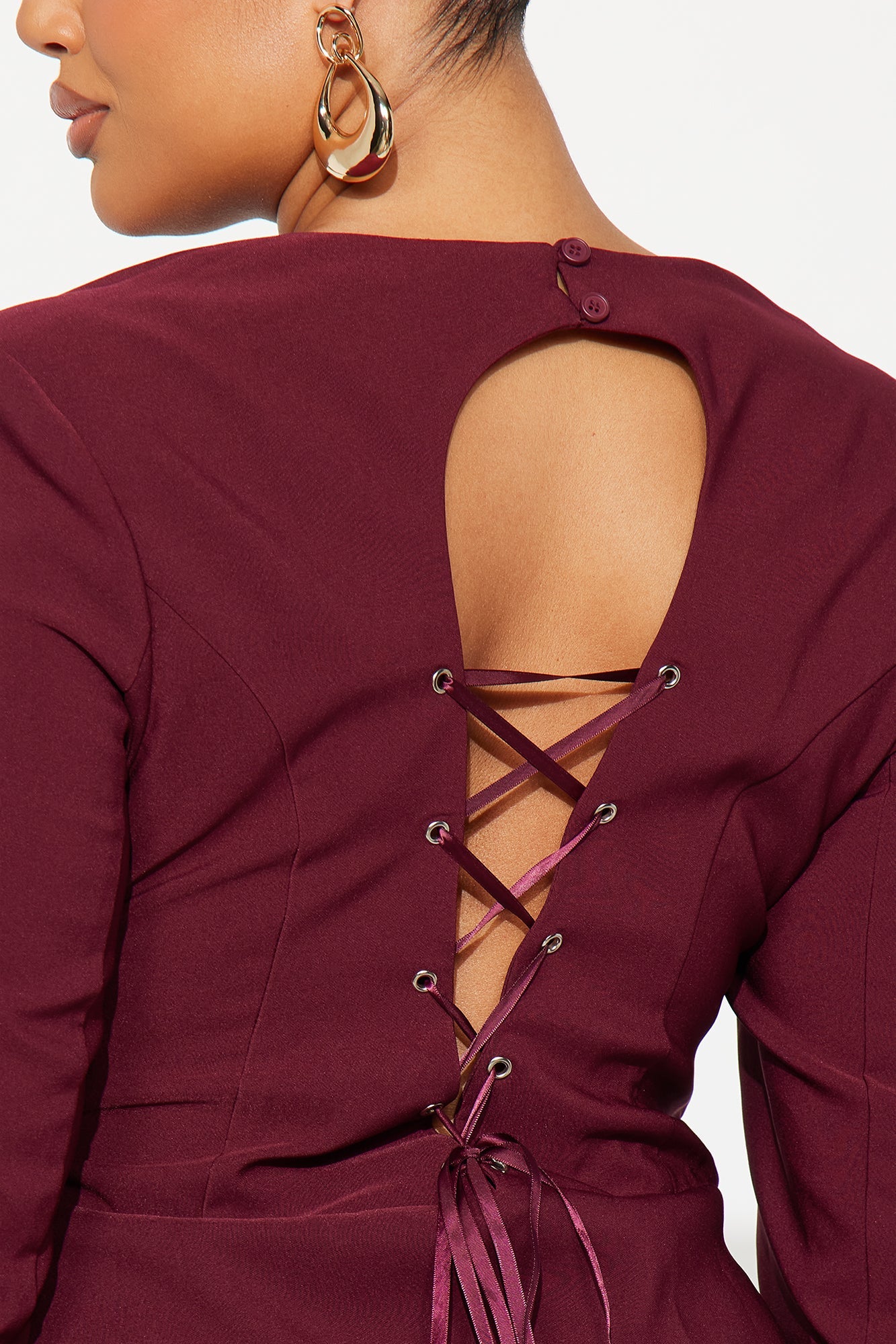 My Own Lane Shoulder Pads Lace Up Top - Burgundy