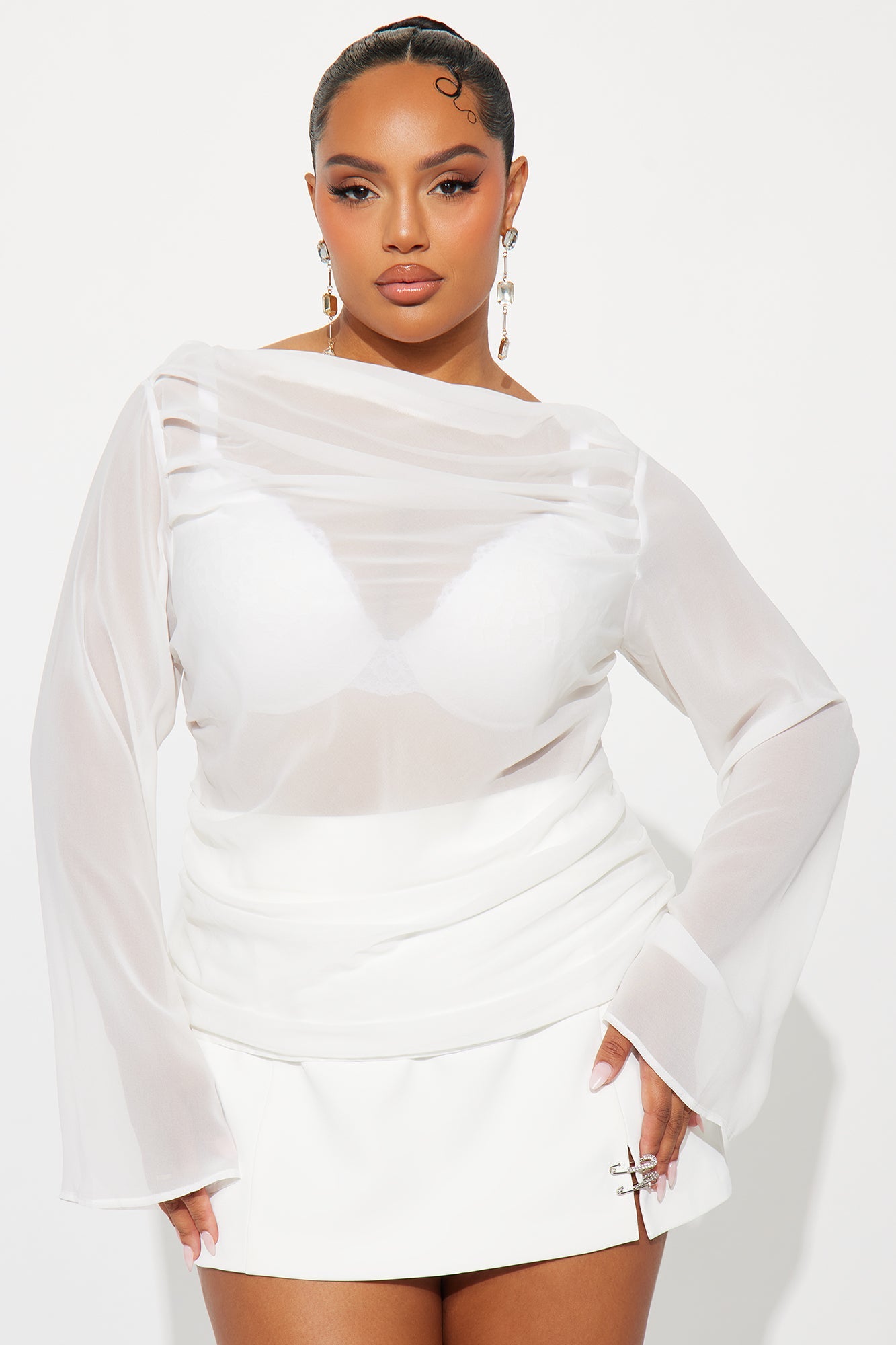 Venetian Date Ruched Sheer Chiffon Top - White