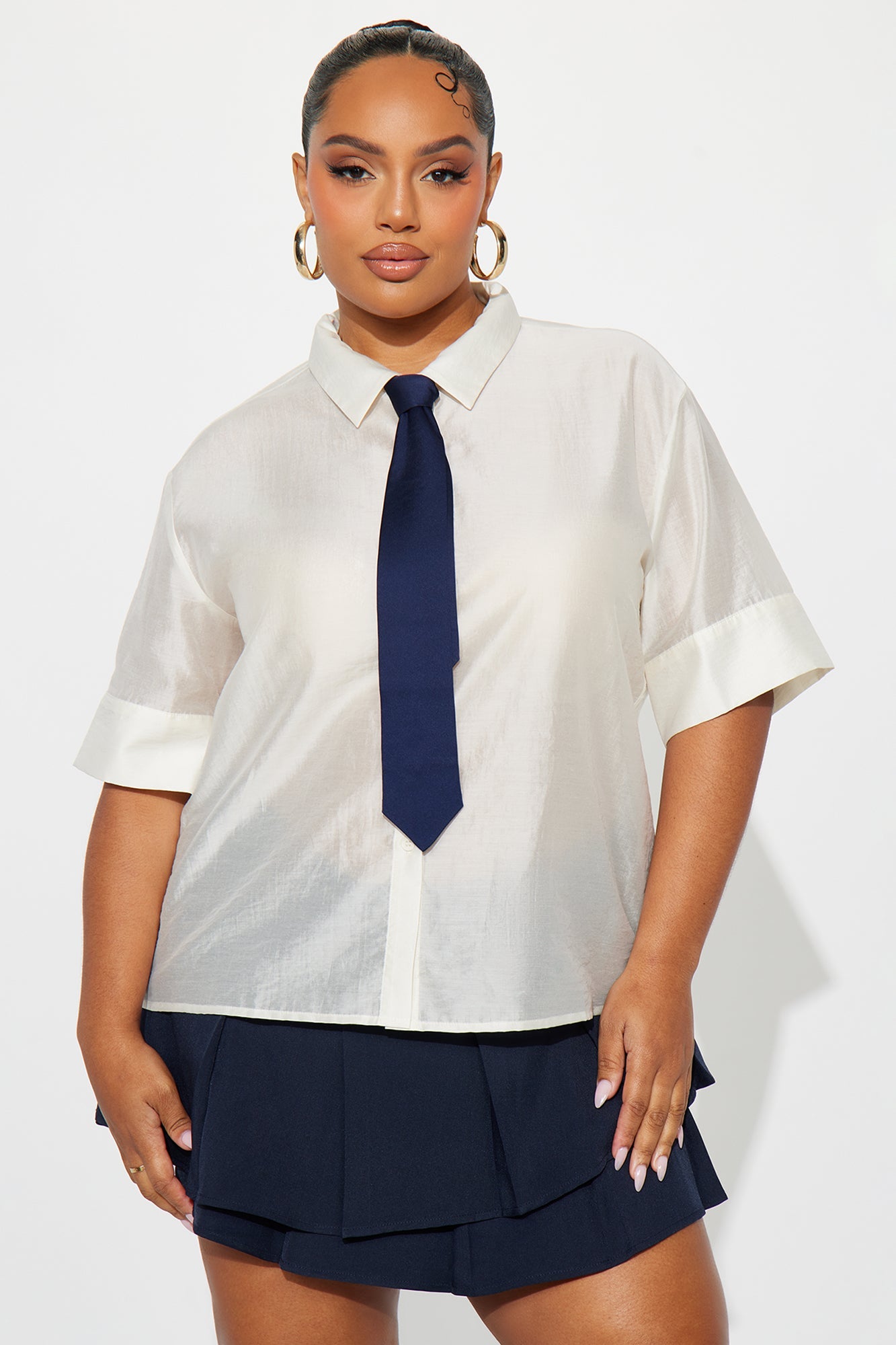 Give It A Try Neck Tie Organza Shirt - Ivory/combo