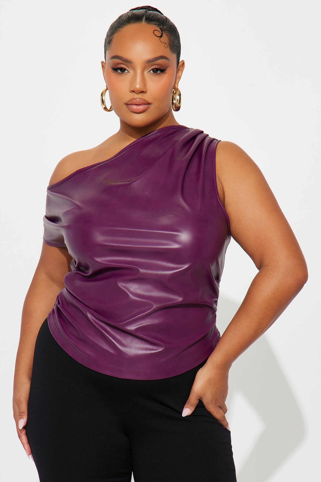 Carina Off Shoulder Faux Leather Top - Plum