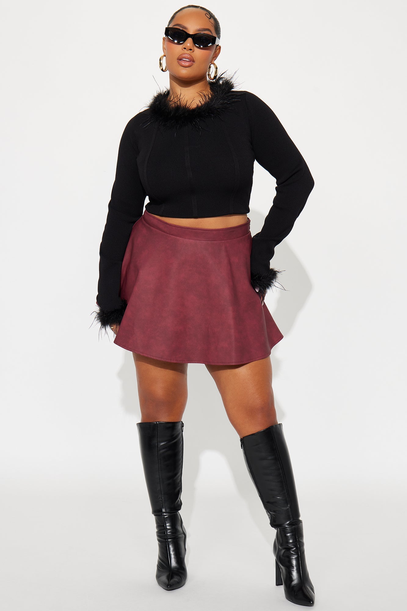 Alexus Faux Leather Mini Skater Skort - Burgundy