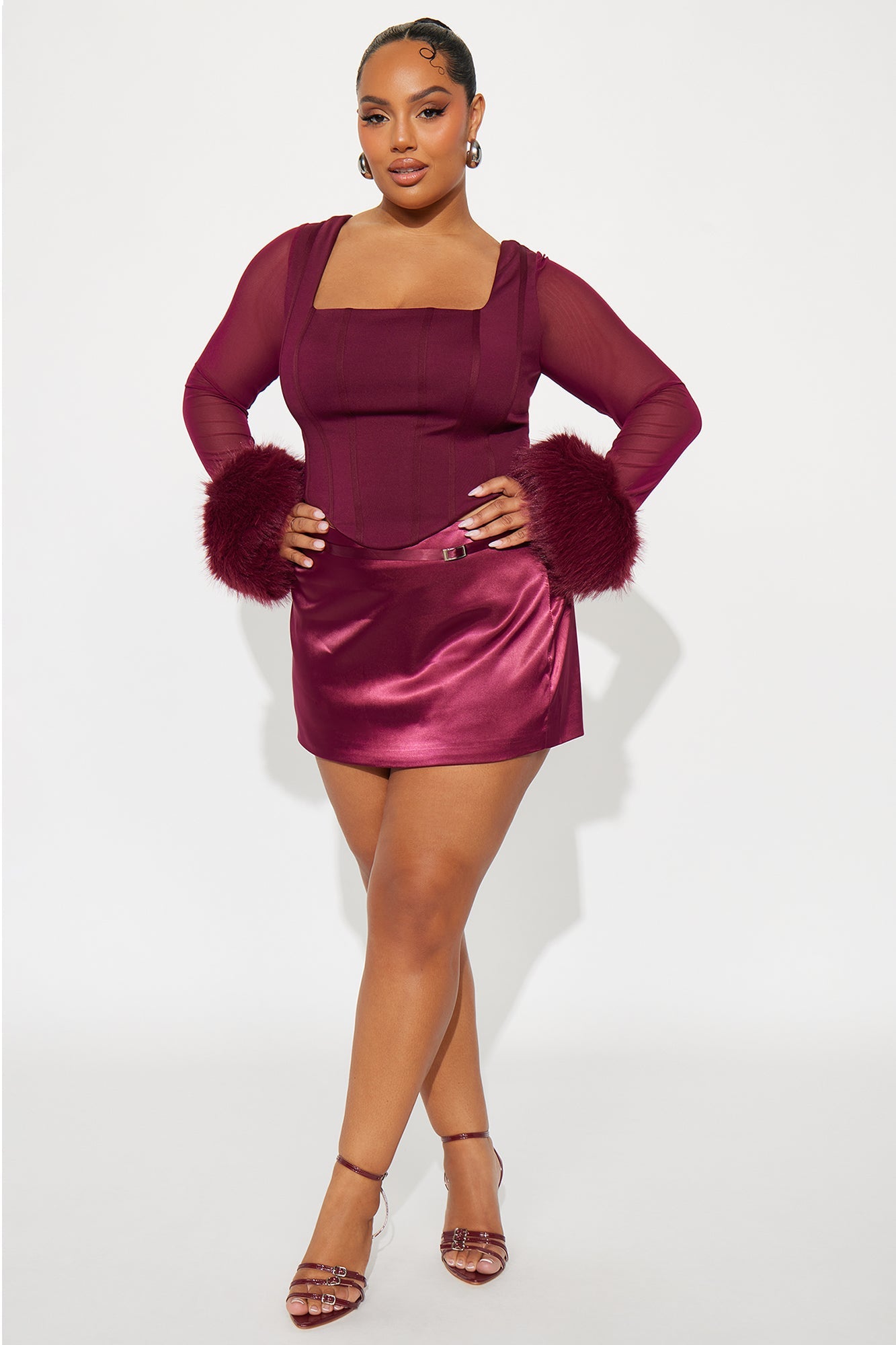 Isa Faux Fur Corset Top - Burgundy