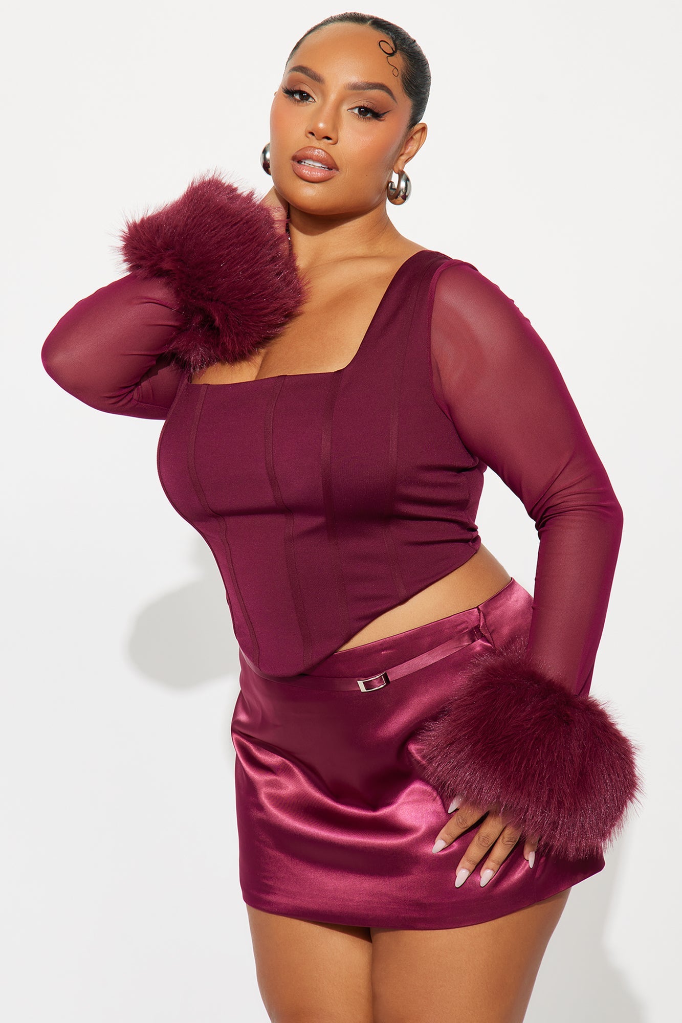 Isa Faux Fur Corset Top - Burgundy